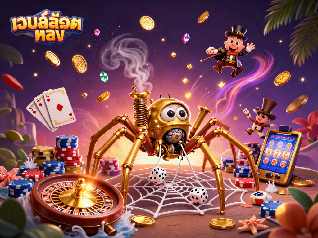 Spin to win with เว็บสล็อตตรง as a steampunk spider weaves luck with shimmering gems and coins.
