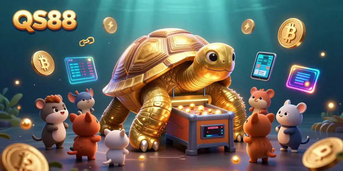 Engage in the thrilling gaming world of QS88, featuring a colossal golden tortoise pinball machine amidst vibrant cryptocurrency elements.