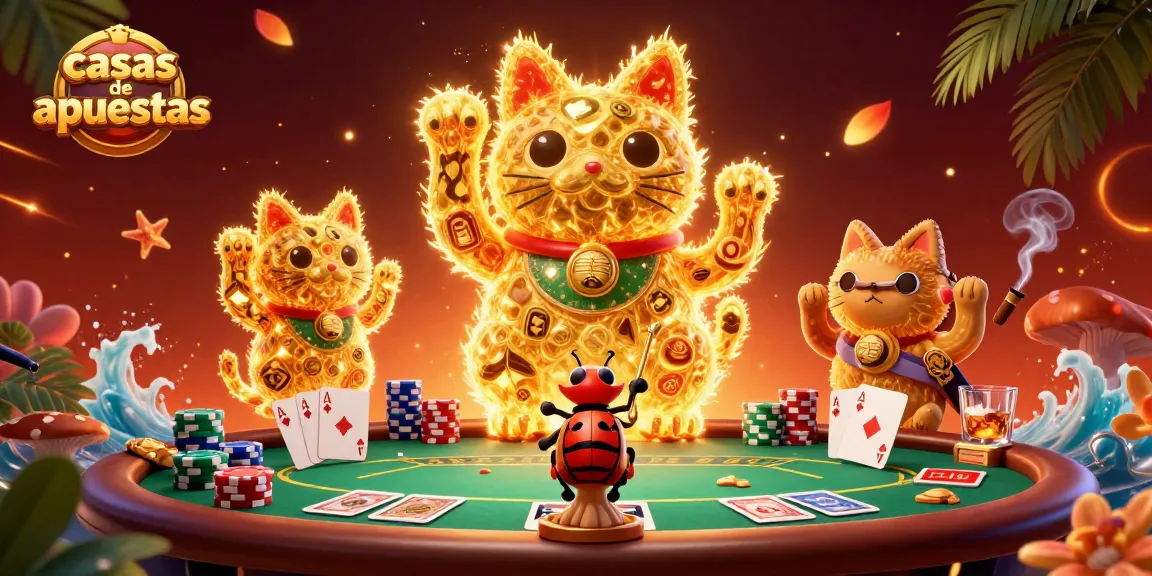 Apostar en casas de apuestas con un gato de la suerte hecho de luciérnagas y elementos de casino brillantes.