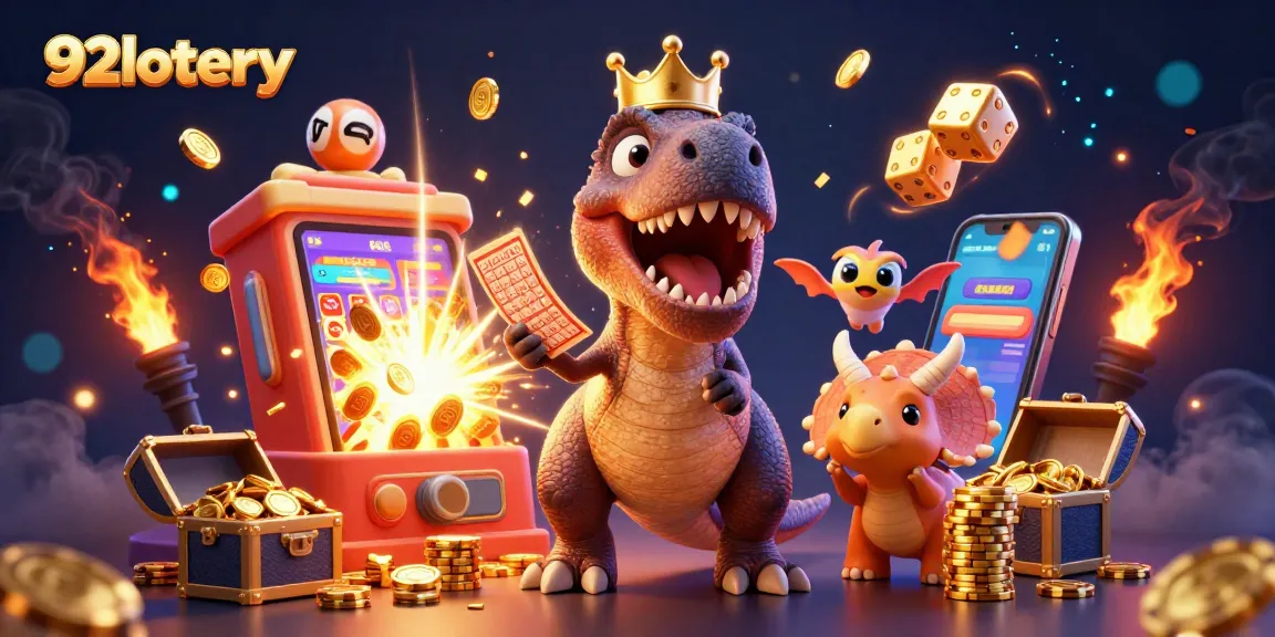 Experience excitement with 92lottery in a vibrant scene of dinosaurs and lottery magic.