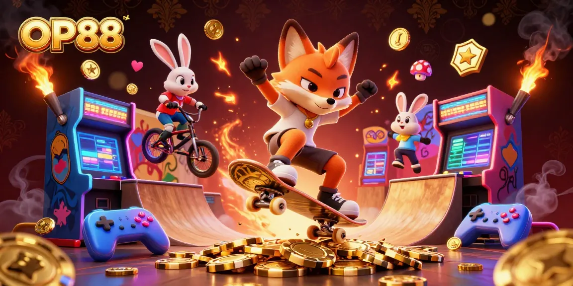 Experience thrilling gameplay at OP88 with a dynamic 3D scene of animated characters showcasing casino excitement.