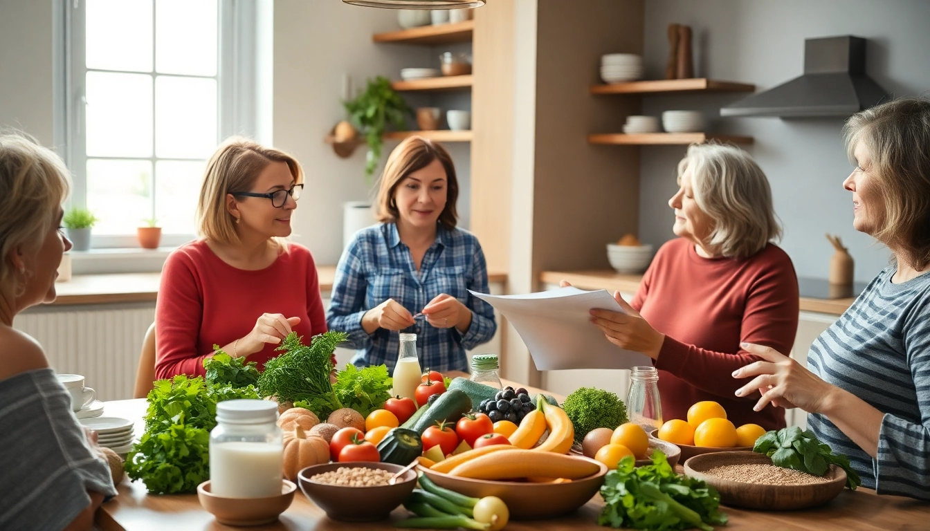 Women examine a Perimenopause diet with fresh foods and nutritional guidance.