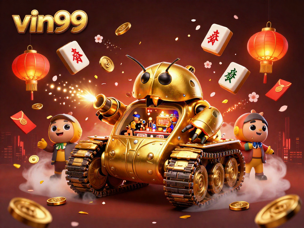 vin99 showcases a dynamic casino scene featuring a cartoon tank, vibrant game elements, and rich visuals.