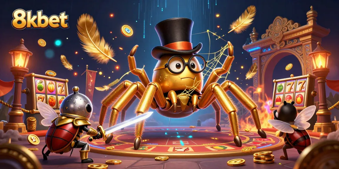 Engage with the thrilling world of 8kbet as a golden tarantula weaves a vibrant casino scene.