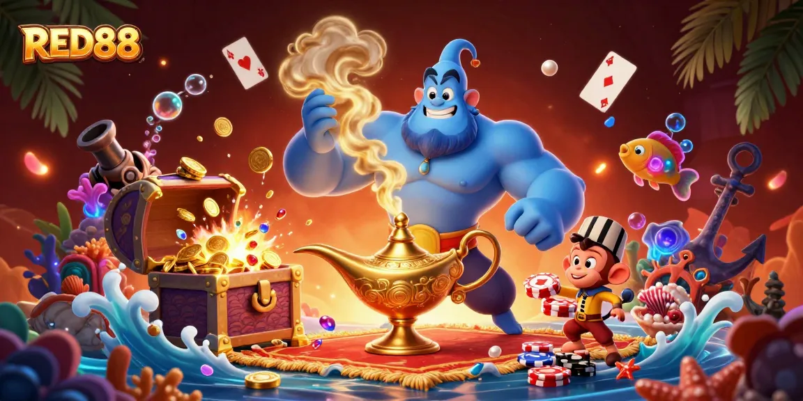 Engage in thrilling gameplay with the RED88 genie and magical poker chips in an enchanting 3D casino scene.