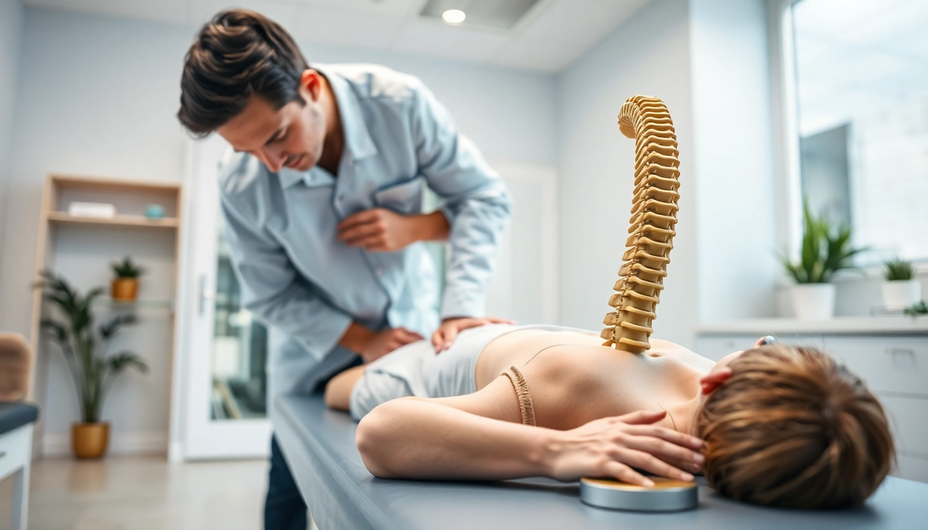Chiropractor demonstrating back pain relief techniques in a calming clinic.