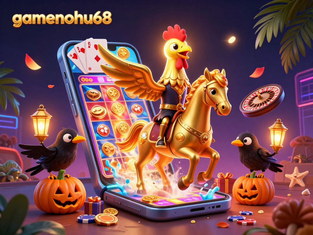 Experience thrilling wins at gamenohu68 with an enchanting 3D casino scene filled with vibrant slot games and whimsical characters.