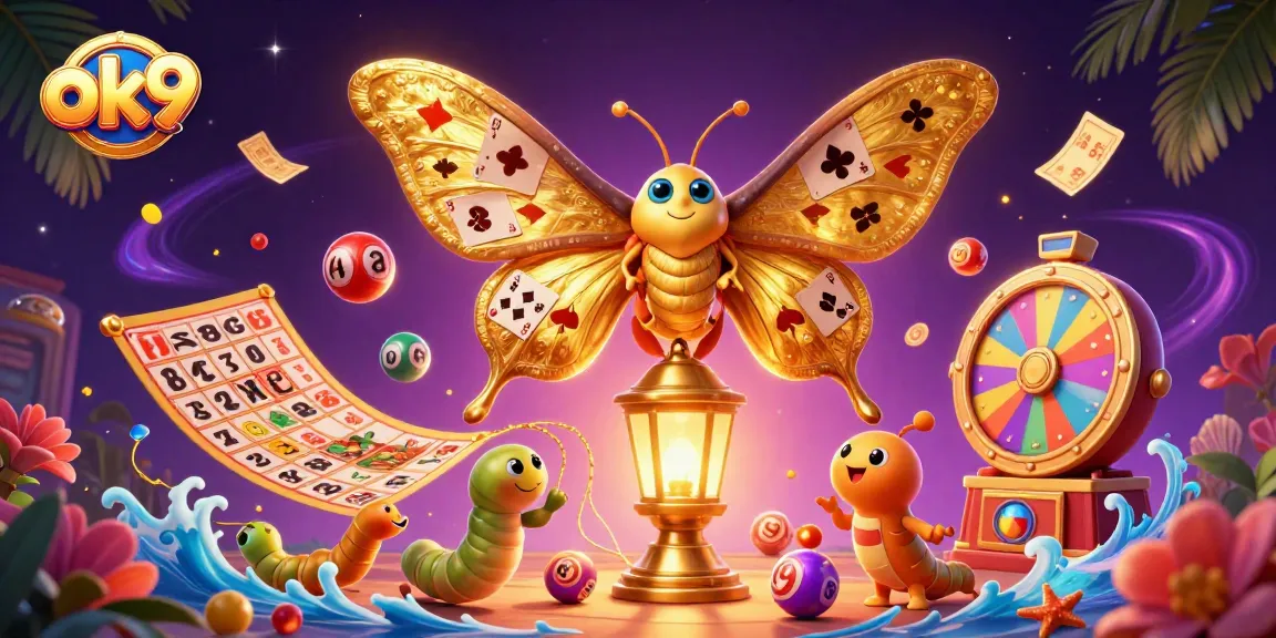 Engage with ok9's vibrant casino experience featuring colorful lottery elements, illuminated moth, and dynamic prize scenes.