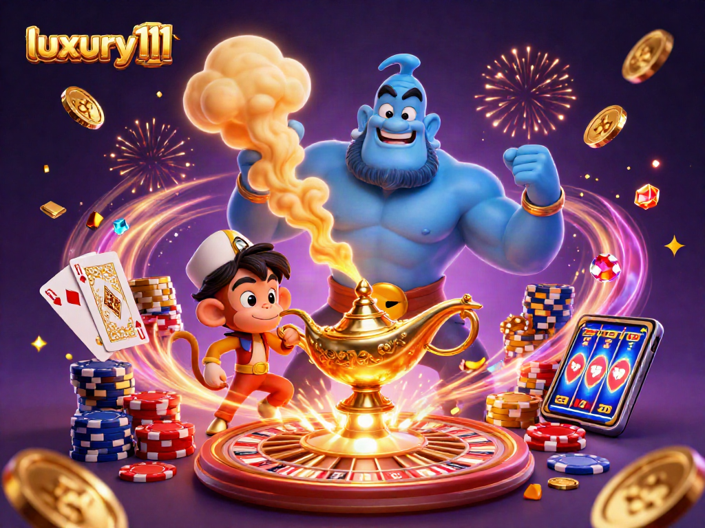 Experience excitement with the luxury111 genie unleashing luck at a casino scene filled with treasures.
