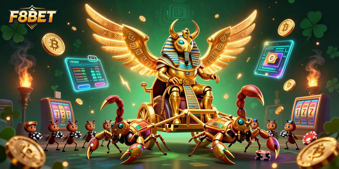 Experience the excitement of F8BET with a dynamic casino-themed 3D digital art featuring rich golden elements and crypto coins.