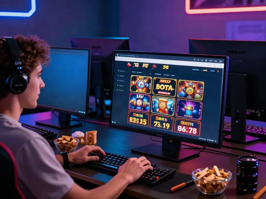 Exciting gaming atmosphere featuring PG SOFT slot gacor interface with an engaged user, showcasing the thrill of online gaming.