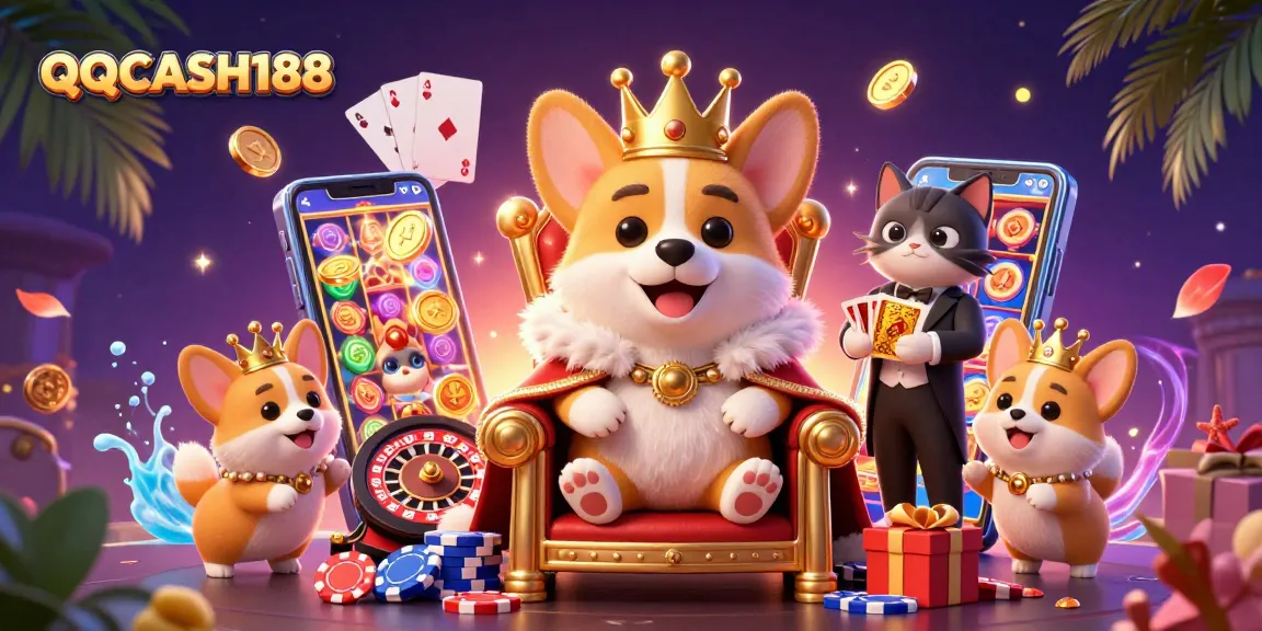 Experience QQCASH188 excitement with royal corgi and card deck amidst vibrant casino scene