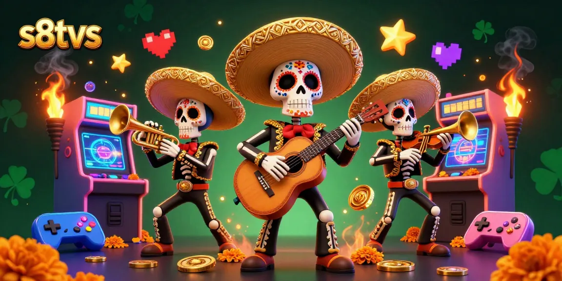 s8tvs vibrantly showcases a Di de los Muertos mariachi band amidst arcade games, celebrating gambling culture.
