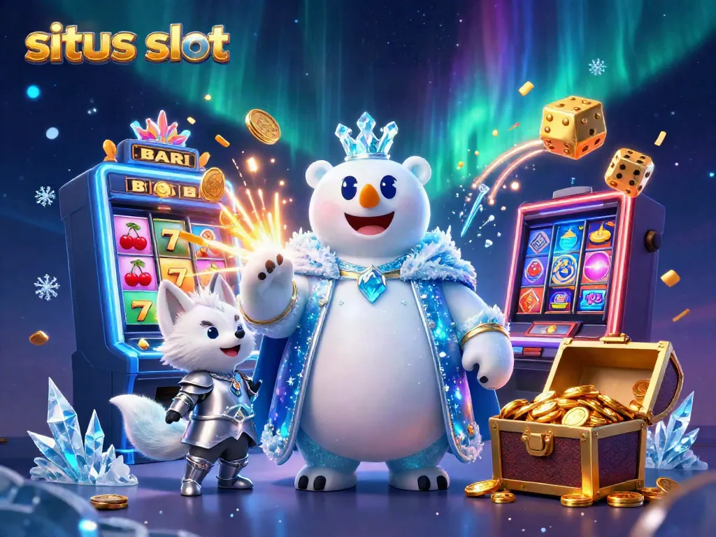 Menangkan jackpot di situs slot dengan raja es dan teman rubah bersinar di latar belakang yang magis.