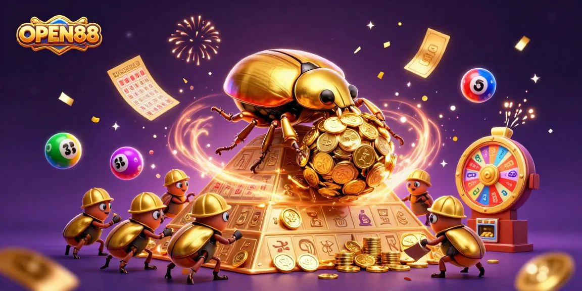 Experience thrilling jackpots with OPEN88, featuring vibrant casino elements and a grand beetle scene.