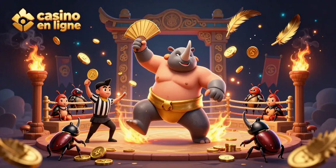 Illustration dynamique de champion sumo dans un casino en ligne avec des pièces d'or volant