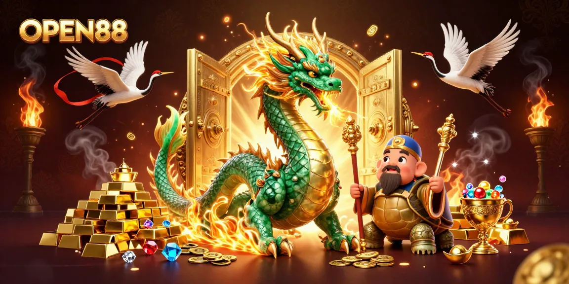Experience the vibrant world of OPEN88 by winning treasures surrounded by a jade dragon and lucky cranes.