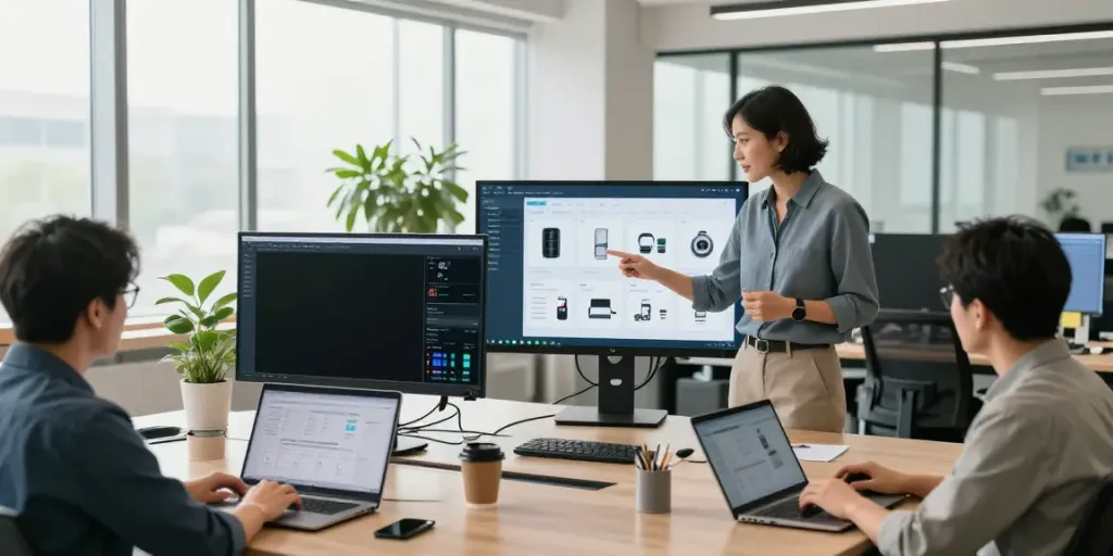 Product configurator software pricing illustrated in a modern office setting with professionals collaborating.