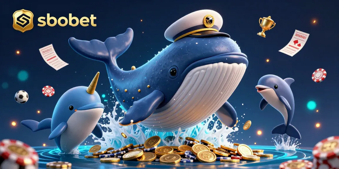 SBOBET enhances sports betting excitement with dynamic visuals of a whale and dolphins in a vibrant gambling scene.