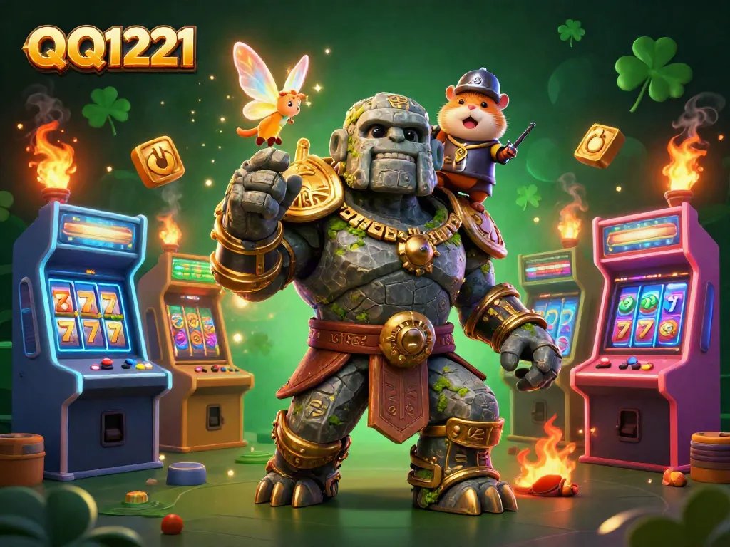 Engage with QQ1221's casino adventure featuring a golem, fairy, and hamster knight amid vibrant gaming elements.