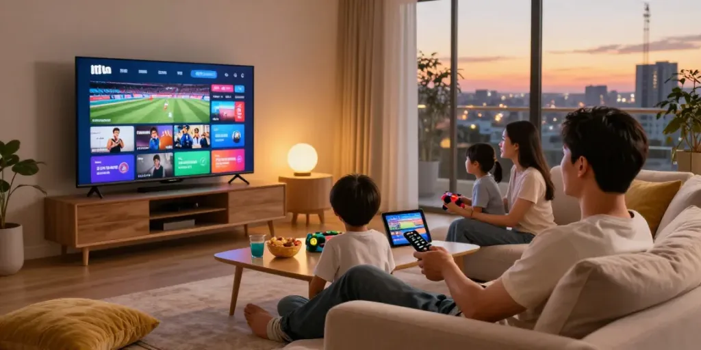 Family enjoying digitaline iptv sports streaming in their cozy living room.