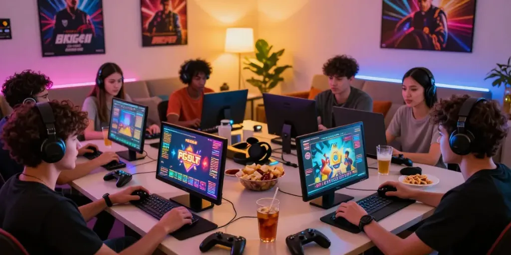 A lively group enjoying PG SLOT multiplayer games on their devices, capturing the excitement of modern gaming.