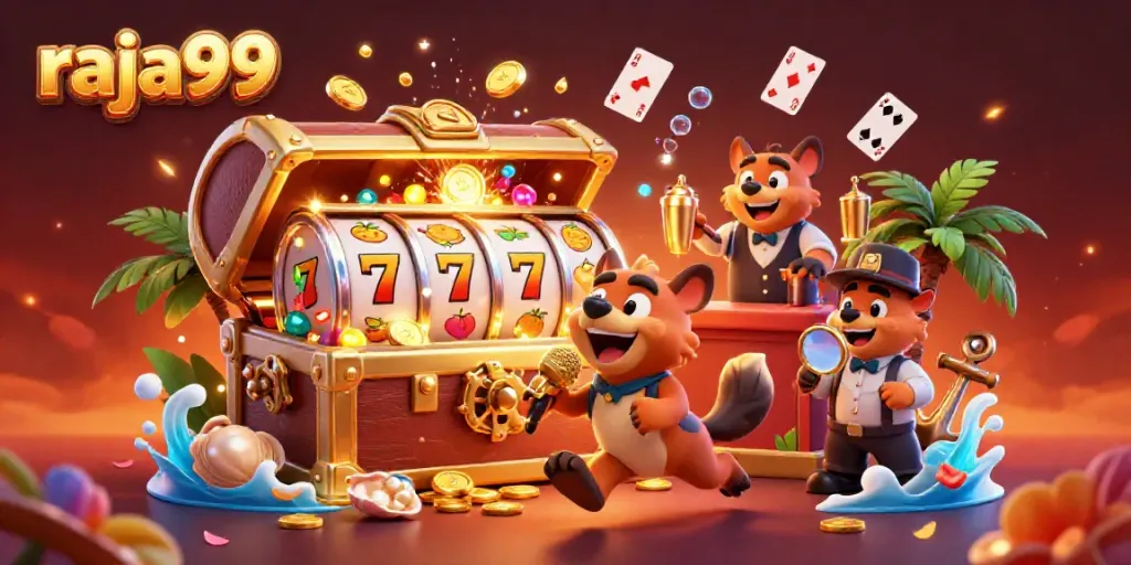 Raja99 game night scene with hyena comedians, slot machines, and treasure elements