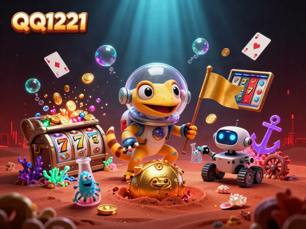 Experience QQ1221 slots in a vibrant Martian casino scene filled with treasure and excitement.