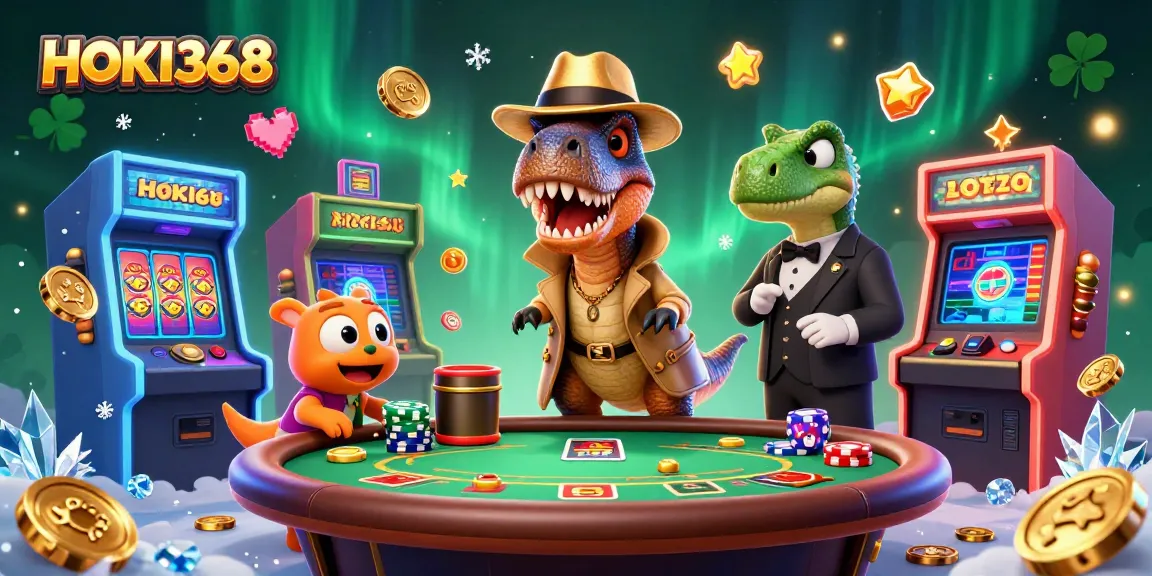 Engage with HOKI368 in a thrilling casino scene featuring a velociraptor card counter and colorful gaming elements.