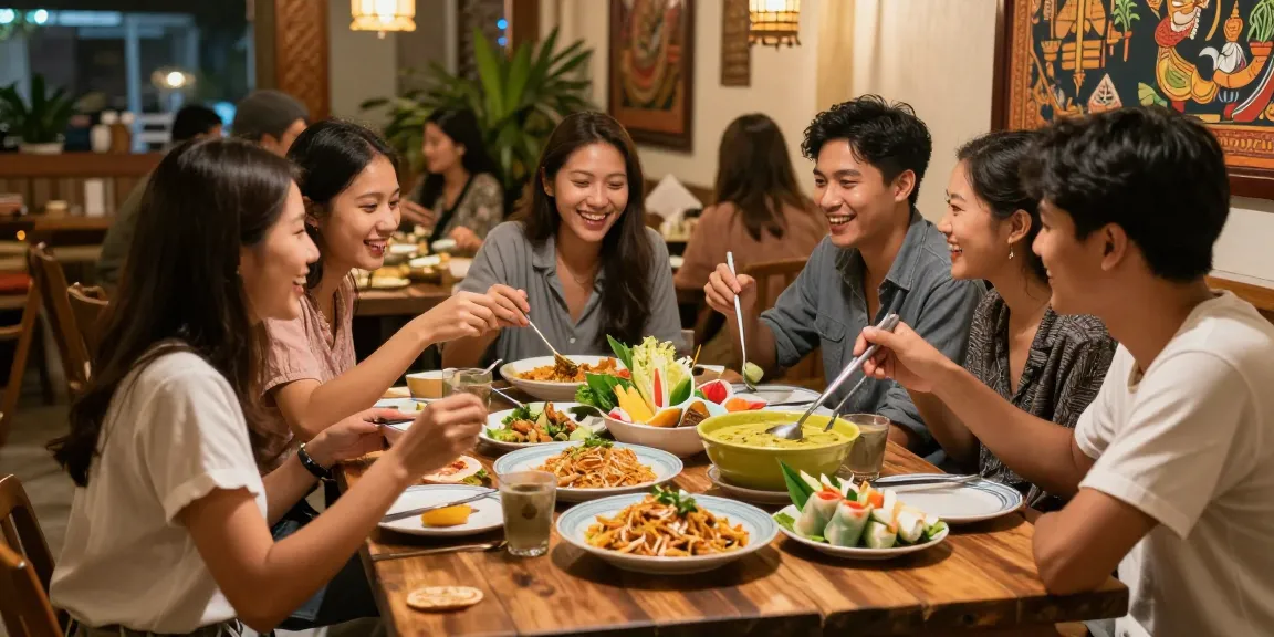 Friends enjoying vibrant dishes at kinalyrestaurant.com during a lively dinner.