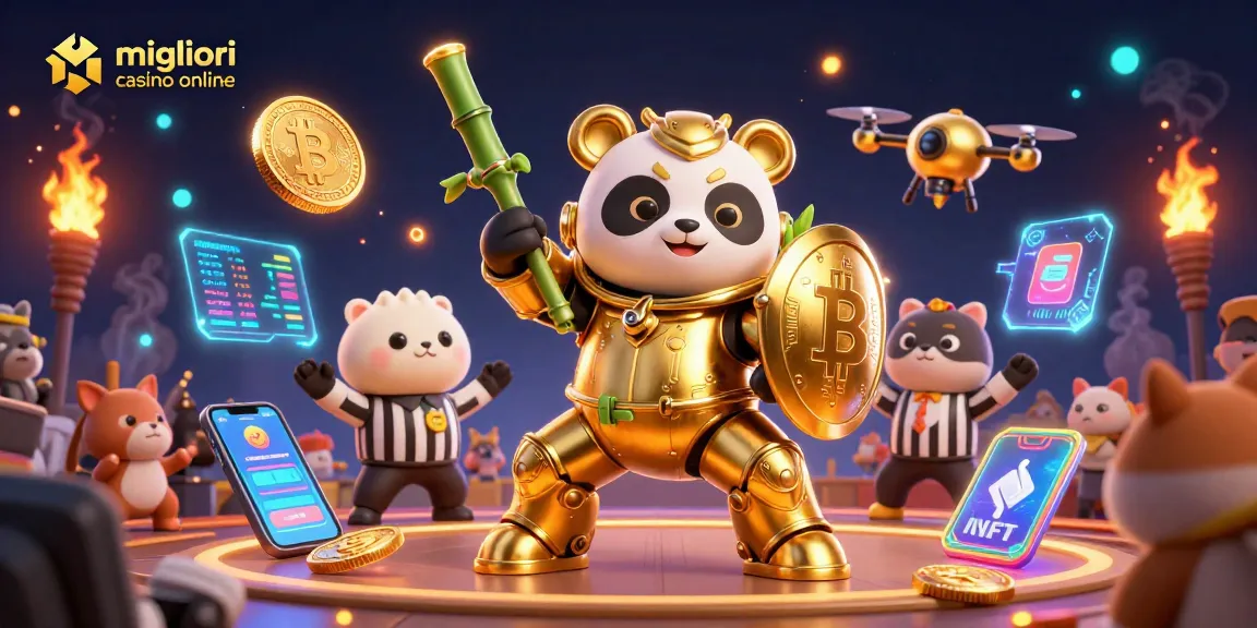Divertiti con i migliori casino online mentre il panda meccanico guida un robot in un'affascinante arena.