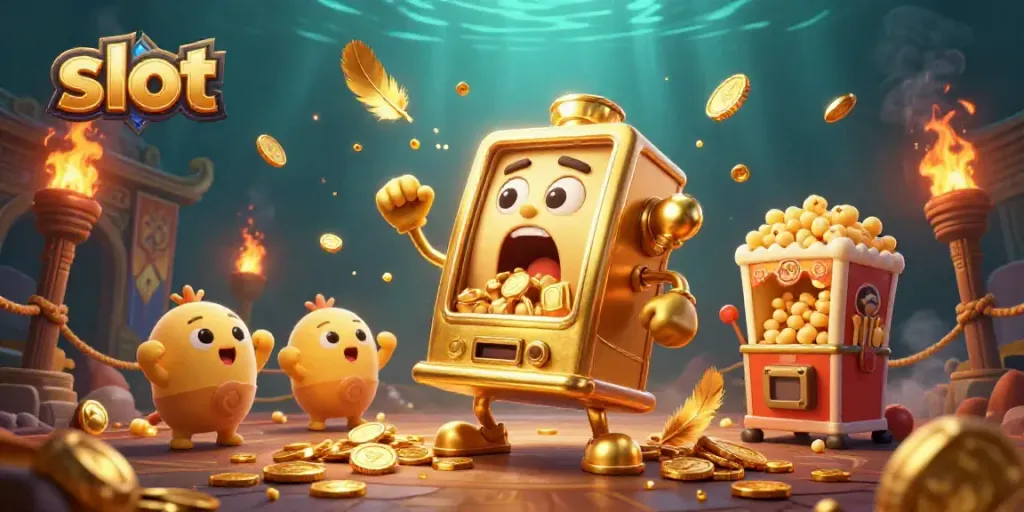 Mesin slot emas kartun dengan jackpot meluncur dikelilingi koin dan mesin slot bayi merayakan kemenangan