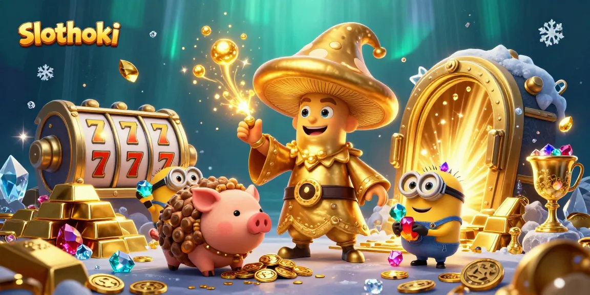 Menangkan slot online di slothoki dengan ilustrasi ajaib penyihir emas dan harta karun berkilau.