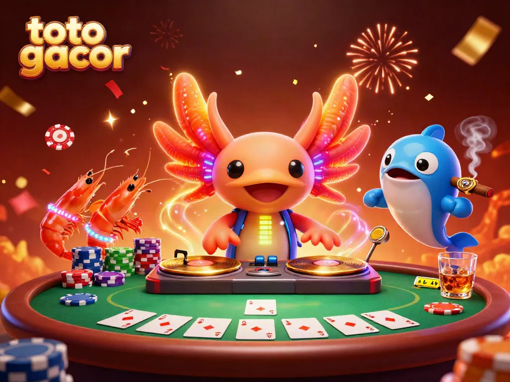 Experience the vibrant energy of toto gacor with a neon axolotl DJ spinning records amid a celebratory casino scene.
