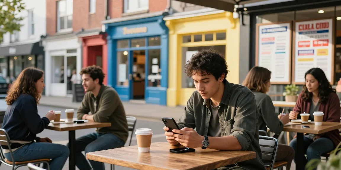 Local community member using bedpersonal app to browse classifieds at a café.