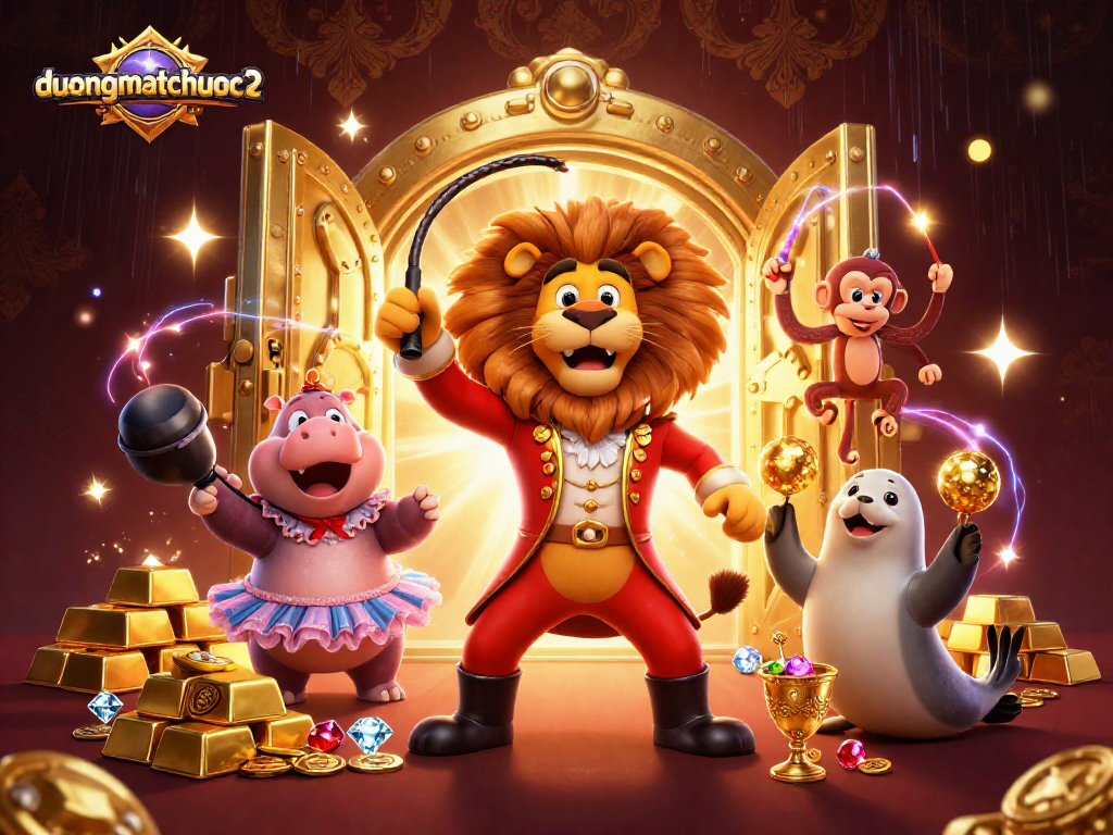 Engage in the excitement of duongmatchuoc2 with vibrant circus characters amid golden treasures and casino visuals.