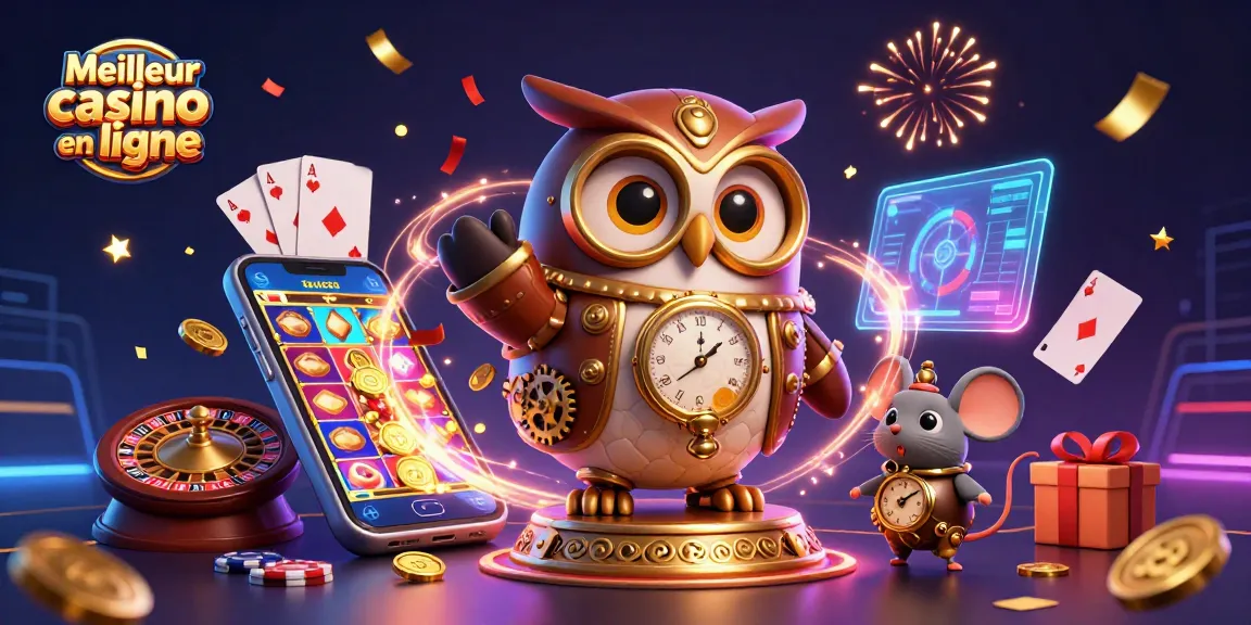 Engage with the Meilleur casino en ligne through a vibrant scene featuring a steampunk owl and gaming elements.