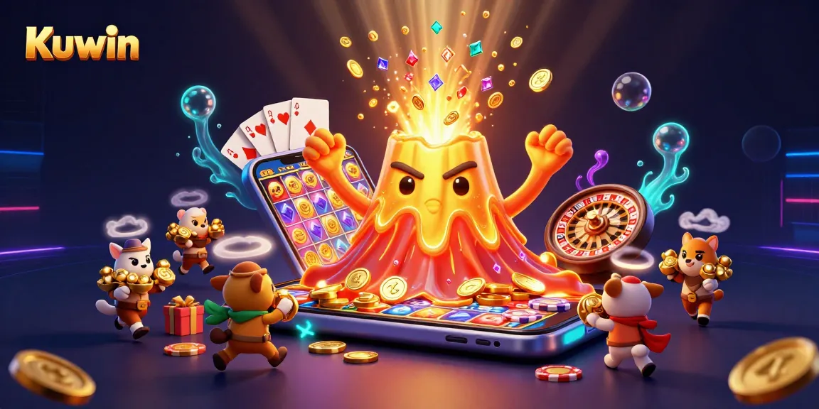 Kuwin's vibrant casino scene with a golden volcano, exploding coins, and lively character interactions.