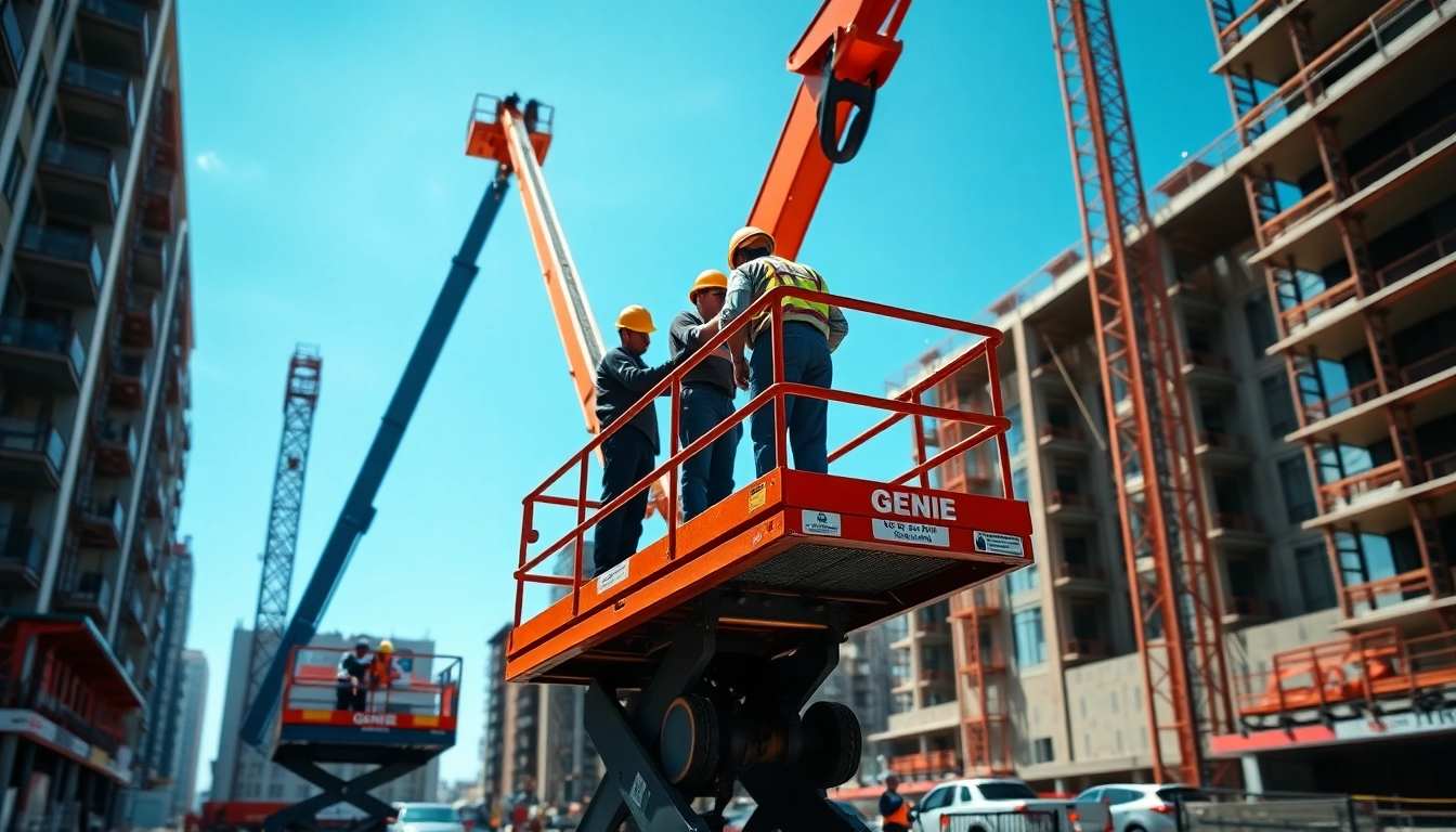 Workers operating genie lift and genie boom in a busy construction site highlighting safety and efficiency.