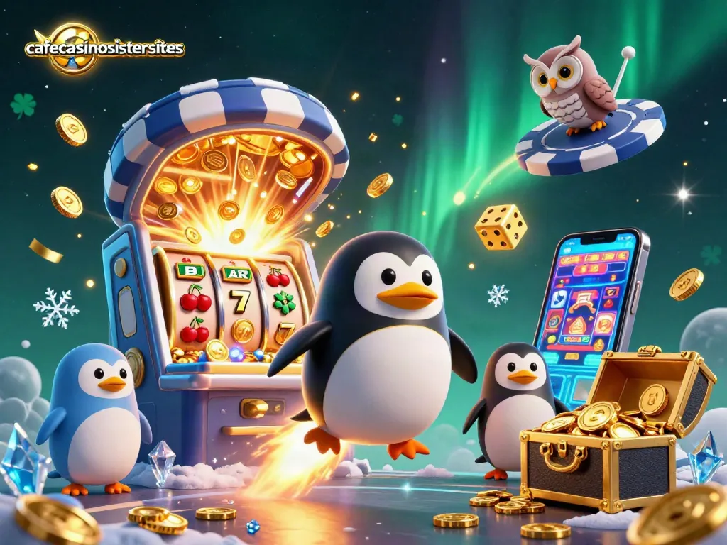 Experience frenetic energy with cafecasinosistersites as a golden penguin blasts through a cosmic casino environment.