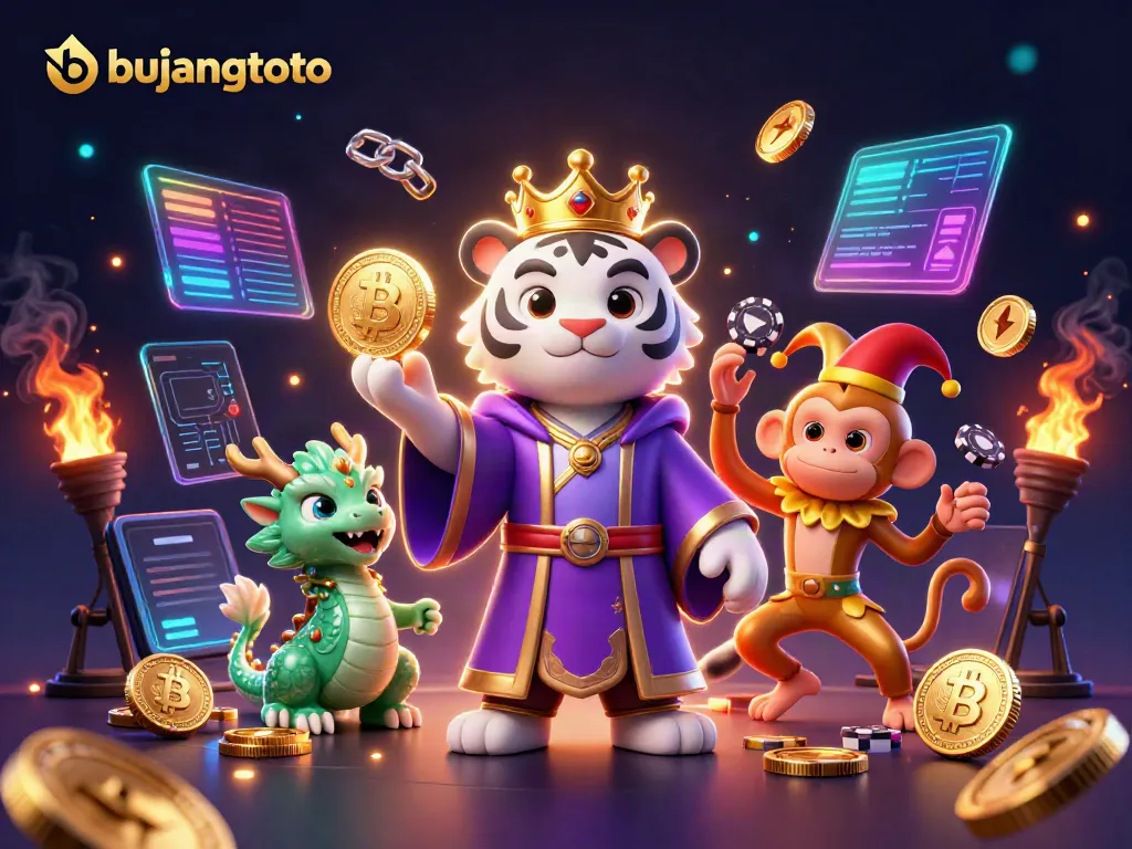 Engaging illustration featuring bujangtoto characters in a vibrant casino scene, celebrating with poker chips