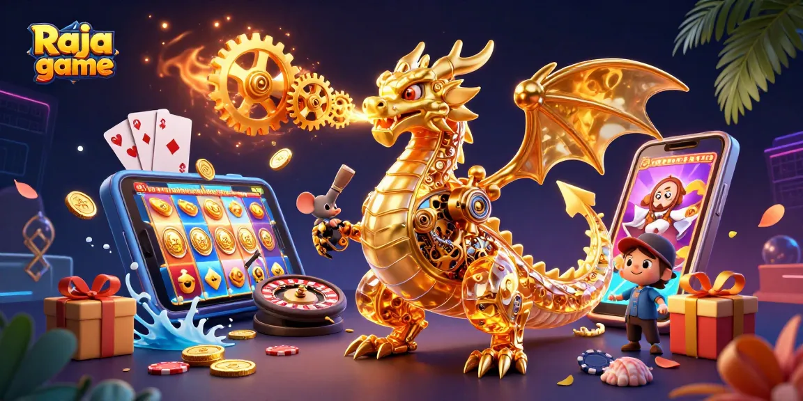 Engage in thrilling Raja game action with a golden dragon surrounded by slot elements and vibrant energy.