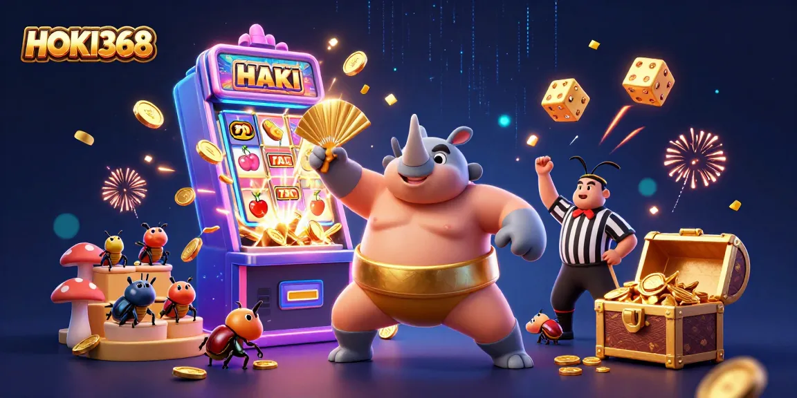 Engage with HOKI368’s vibrant casino realm featuring a sumo beetle champion amid flying coins and lively game elements.