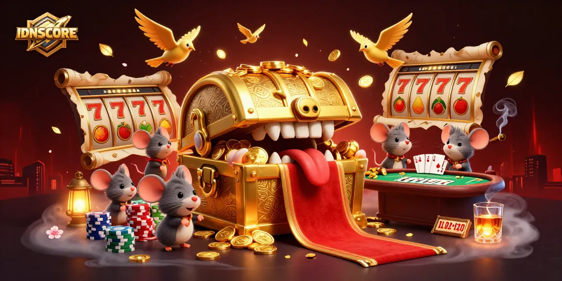 Engage with IDNSCORE's vibrant gaming world, featuring golden treasures and dynamic slot elements.