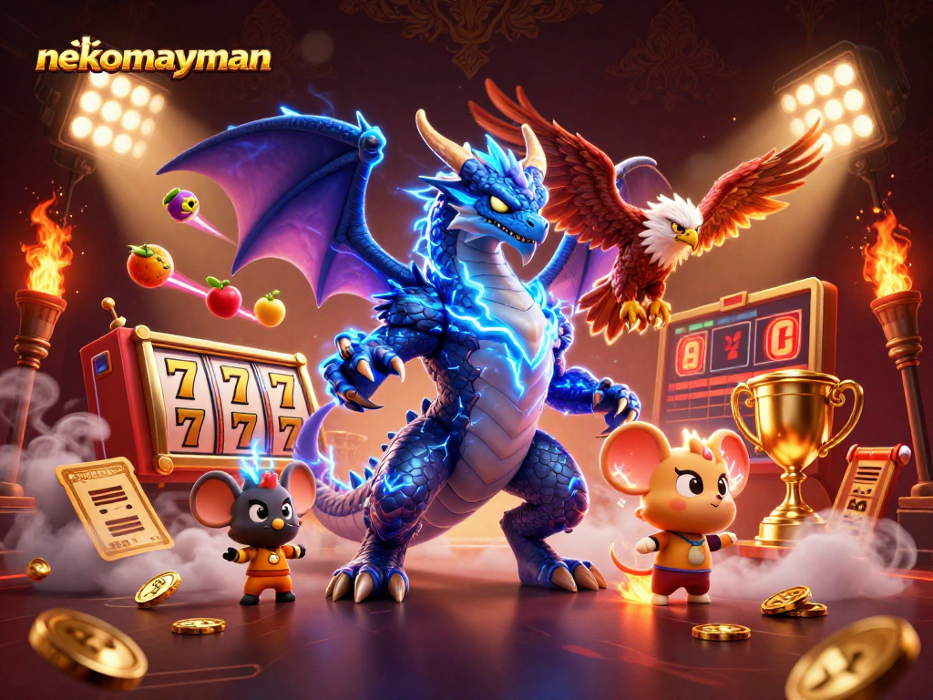 Neko May Mắn showcases 3D slot game characters with sirens of luck and winning animations.