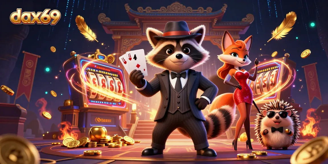 DAX69 merayakan momen jackpot dengan karakter kartun dalam suasana kasino yang ceria.
