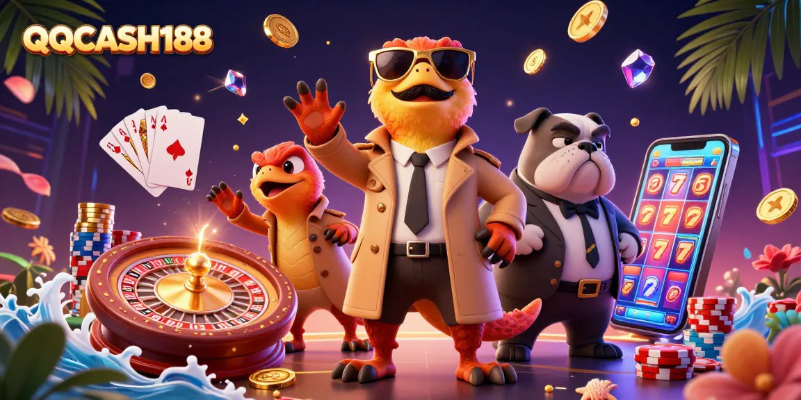 Experience the thrill of QQCASH188 in this vibrant 3D casino scene with cartoon raptors and golden jackpots.