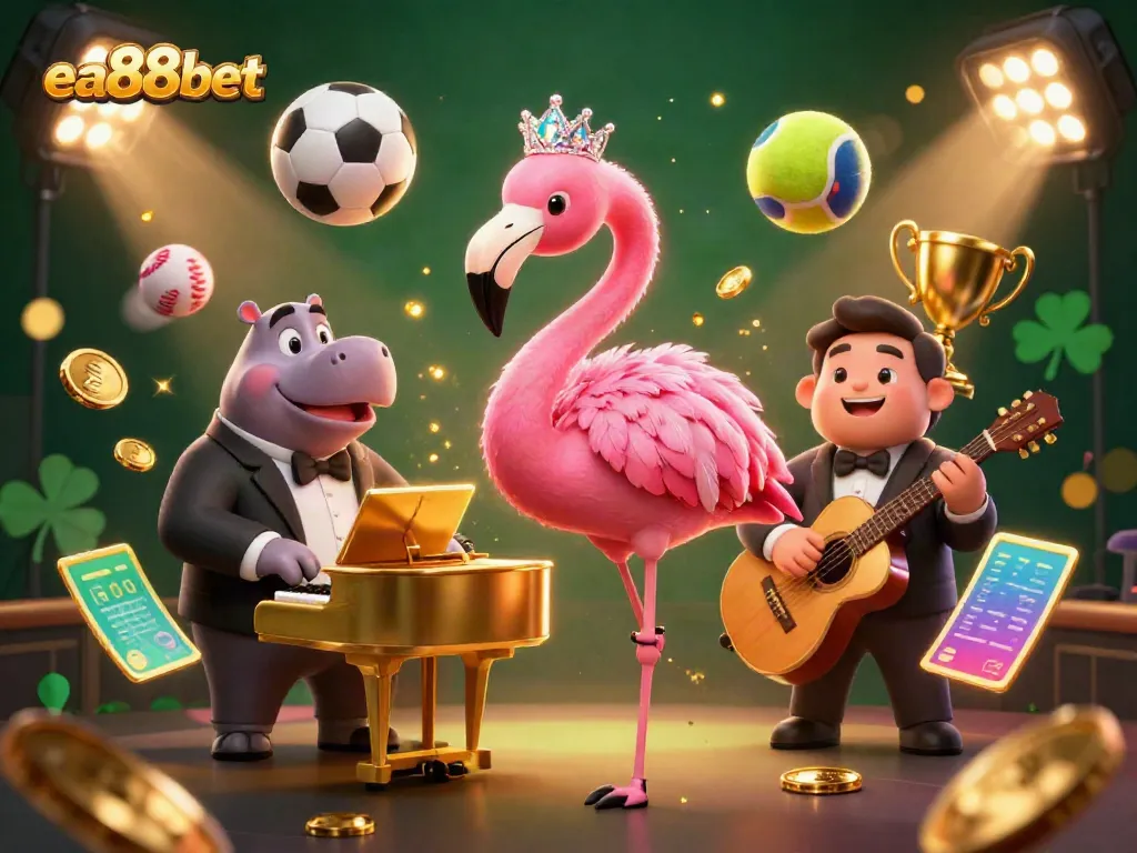 Enjoy thrilling highlights with ea88bet in this vibrant 3D casino scene filled with energetic characters and sports elements.