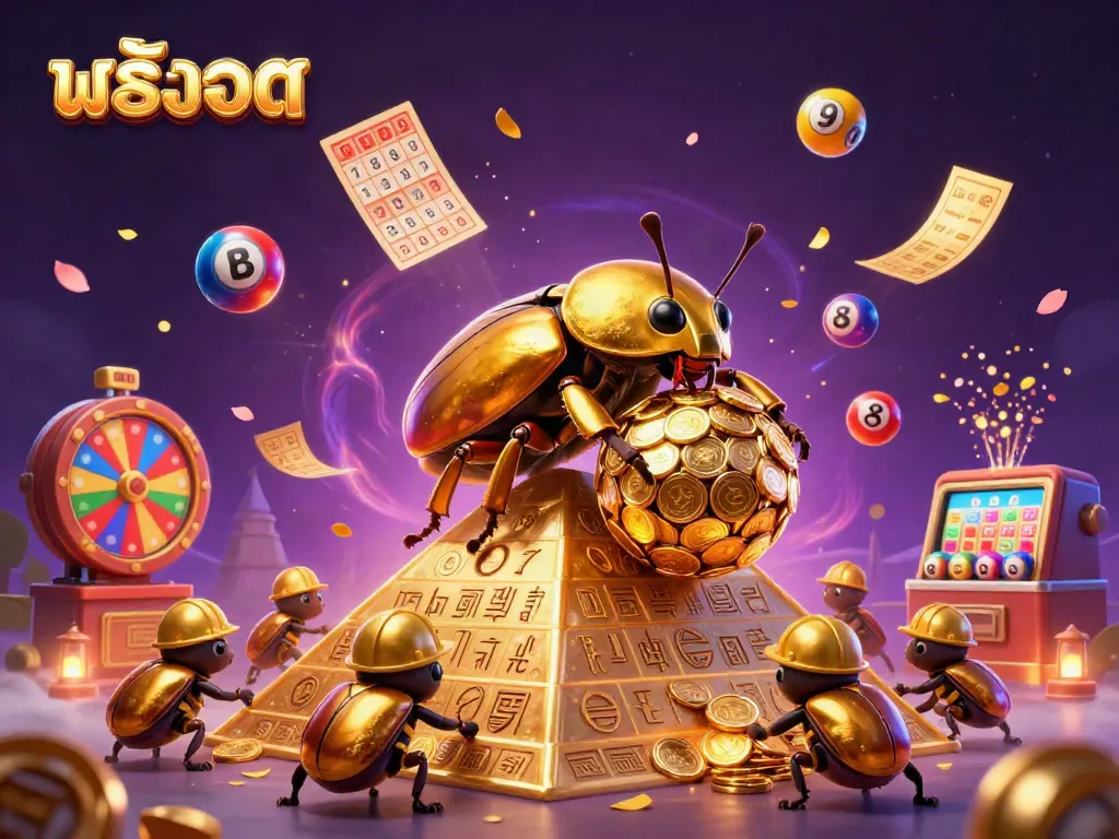 Experience the excitement of สล็อต with vibrant 3D scenes full of golden coins and lottery elements!