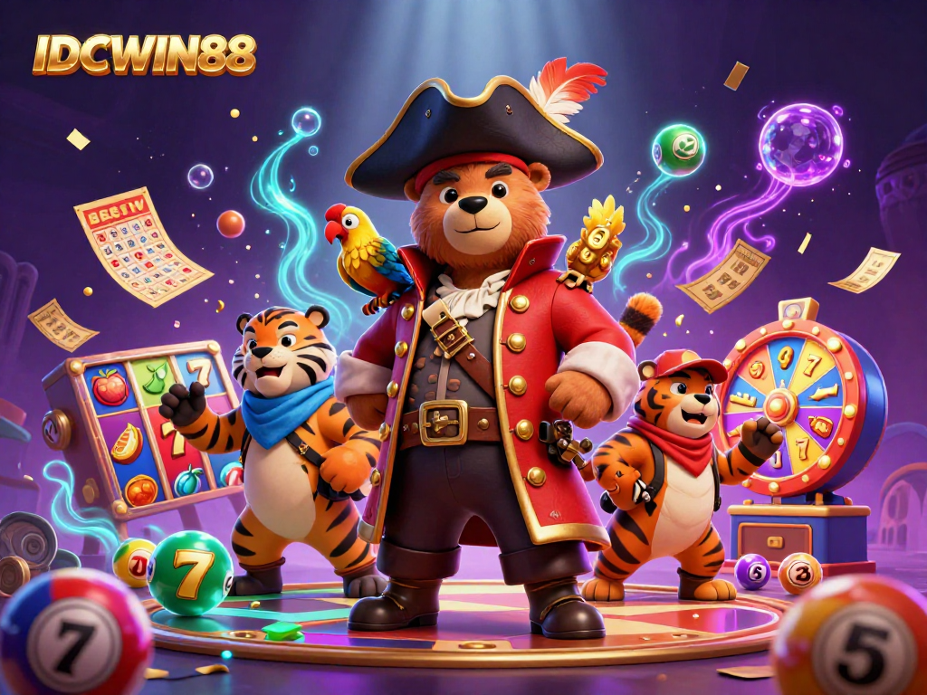 Experience thrilling jackpots with IDCWIN88 amidst dynamic slot reels and colorful casino elements.